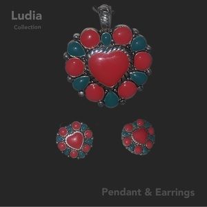 Ludia Collection Heart Pendant Earrings Pierced Red Turquoise